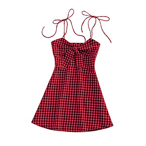 ZAFUL Women's Mini Dress Spaghetti Straps Sleeveless Boho Beach Dress (S, Red-Plaid Tied)