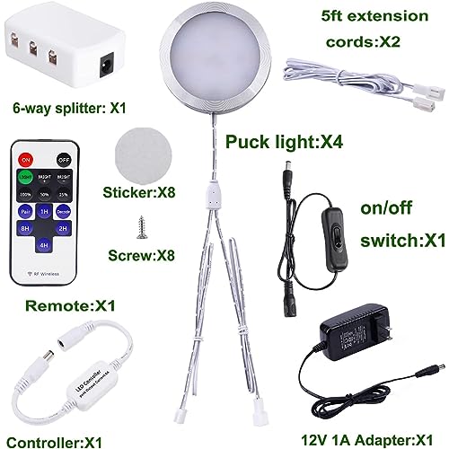 AIBOO Linkable LED Under Cabinet Lights 12V Slim Aluminum Dimmable Puck Lights with RF Remote Control & ETL Listed Power Adapter for Accent Display Lighting (4 Lights, Warm White)