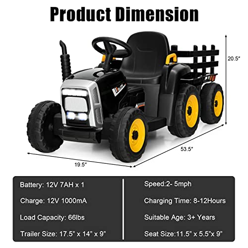 Image of Costzon Ride on Tractor with Detachable Trailer, Kids' Electric Vehicles w /3-Gear-Shift Ground Loader, Wireless Design & USB, 7 LED Headlights, Remote Control Tractor Toy for Kids 3+ (12V, Black)