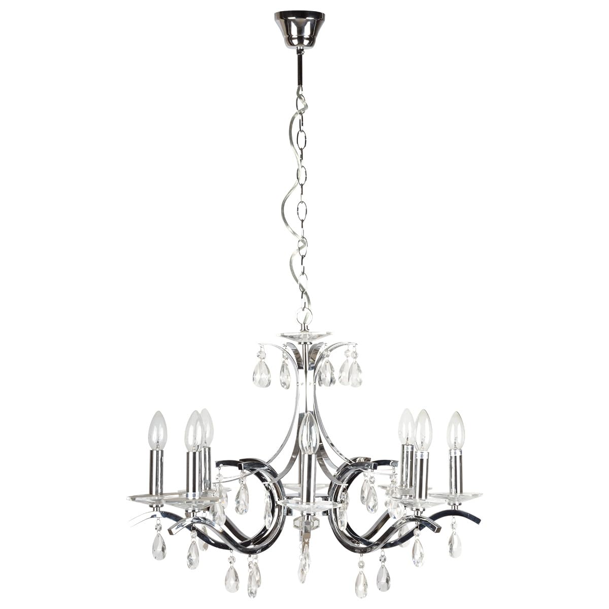 TEKLED Elegant Chrome Chandelier Ceiling Light with Crystal Beads | E14 Fitting | Modern Minimalist Design Decorative Lighting | for Living Rooms Dining Halls Hallways | 8 Candle (Bulb not Included)