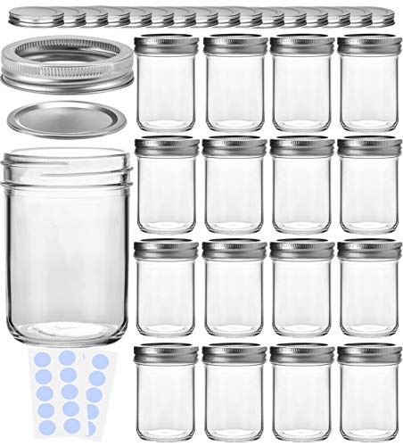 Image of KAMOTA Mason Jars, 8 oz Glass Jars With Regular Lids and Bands, Ideal for Jam, Honey, Wedding Favors, Shower Favors,DIY Spice Jars, 16 Pack, Extra 16 Lids & 20 Whiteboard Labels