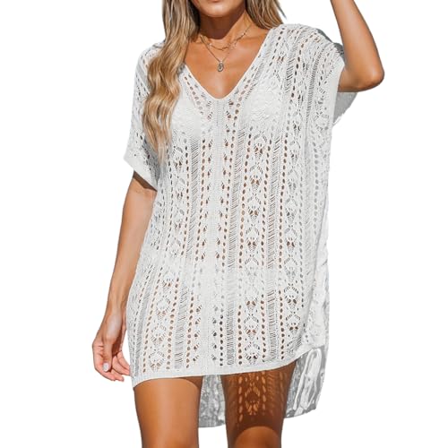 Image of SANNIDHI Crochet Cover Up for Women Loose Fit Beach Cover Up Stylish Boho V Neck Hollow Summer Top Coverup - Fits for Weight 50-70kg and Height 160-178cm