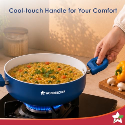 Image of Wonderchef Natura Ceramic Casserole & Glass Lid for Cooking, 24cm, 4.5L, Non-Toxic Chemical-Free Coating, PFOA /PFAS-Free, Scratch-Resistant, Gas & Induction Compatible, 2-Yr Warranty, Teal Blue