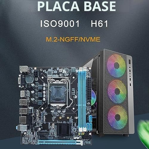 Placa Base H61 LGA 1155 ATX Gaming, Doble Canal 8GB DDR3, VGA 100Mbps LAN, Ranura PCIe 3.0 X16, Ranura M.2 NVMe NGFF