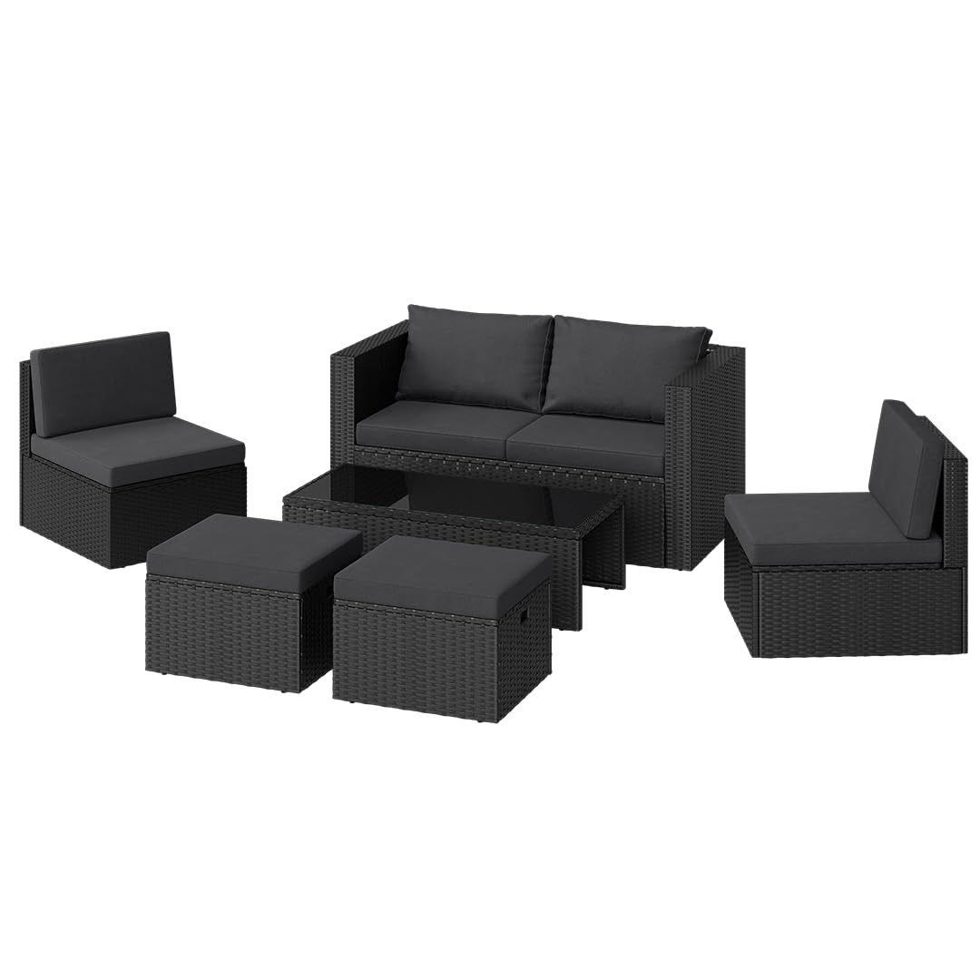 STEELSØN Noctura Rattan Gartenmöbel Set 6-TLG. – Gartenlounge mit Sofa, Sessel, Tisch & Hocker – Sitzgruppe Outdoor schwarz/anthrazit Garten/Balkon/Terasse – Sitzgarnitur Set Metallgestell wetterfest