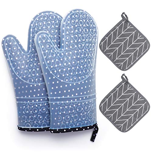 HOUMESO 4pcs Oven Mitts and Pot Holders Set Heat Resistant 500 Degrees Silicone Oven Gloves Soft Flexible Cotton and Non-Slip Surface Kitchen Cooking Mitts for Baking Cooking Blue