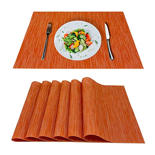 Image of Placemats Set 0f 6 Bamboo Braided Vinyl Placemat，Heat Insulation and Stain Resistant Table mats for Hotel Home Dining Kitchen Restaurant，Table Dining Table Mat，Easy to Clean (Orange, 6)