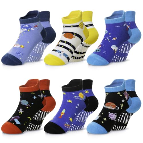 Eyean Kids Ankle Cotton Socks Cute Animal Pattern Soft Non Slip Boys Girls No Show Socks 6 Pairs (Non Slip-Space 6-8 Years)