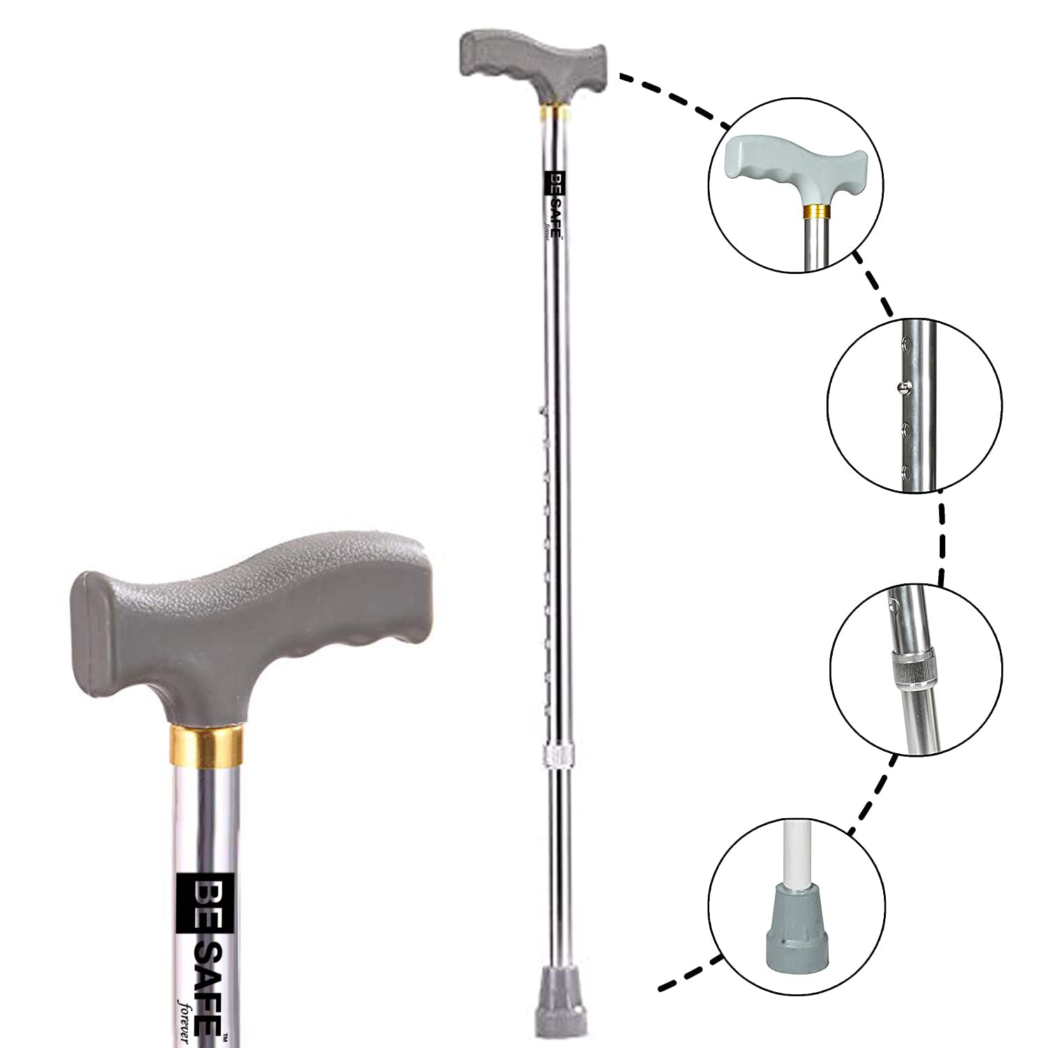 BESAFE Forever Aluminium Walking Stick/Walking Cane, Adjustable Height, Light Weight for Men/Women/Senior/Old Age People/Patient, Grey, BEWSALG01