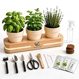 VALENCAR Wooden Indoor Herb Garden Kit with LED Grow Light - Modern Countertop Planter for Kitchen Decor, Unique Gardening Gift for Women & Beginners, 3 Pot Indoor Planting Starter Set