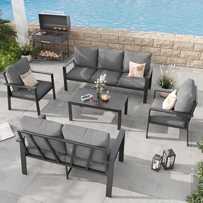 VONZOY Aluminum Patio Furniture Set with Cushions 5-Piece Outdoor Sectional Metal Conversation Sofa Set with Coffee Table for Garden,Lawn,Backyard,Deck