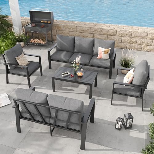 Image of Aluminum Patio Conversation Set with Coffee Table 5 Pieces Deck Outdoor Furniture 7-Seat All-Weather Rust-Proof Sectional Sofa Set with Removable Cushion for Backyard, Poolside & Small Spaces