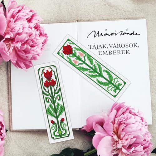 Image of INFUNLY 6 Sets Retro Plant Flowers Cross Stitch Bookmark Kits for Beginners 22*8cm DIY Stamped Embroidery Bookmarks Kits with Instruction Full Kit of Handmade Cross Stitch Bookmark for Reader Lovers