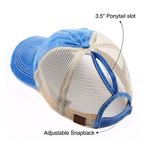 Image of C.C Exclusives Washed Distressed Cotton Denim Criss-Cross Ponytail Hat Baseball Cap Bundle Hair Tie (BT-1007)