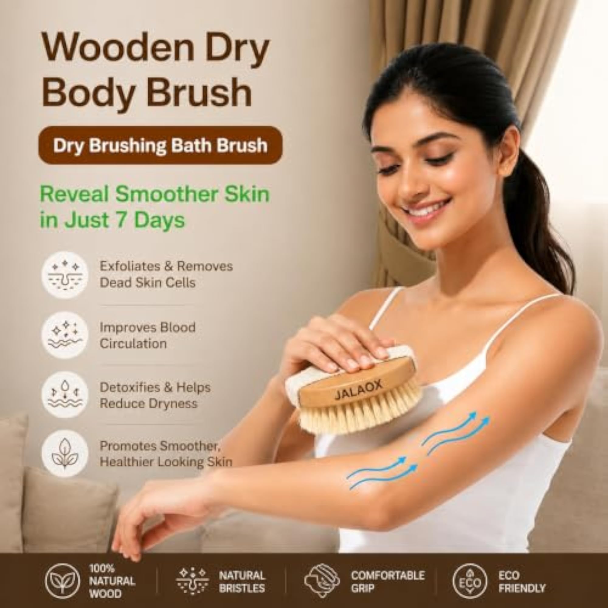 Premium Wooden Dry Brushing Body Brush, 100+ Massage Touchpoints
