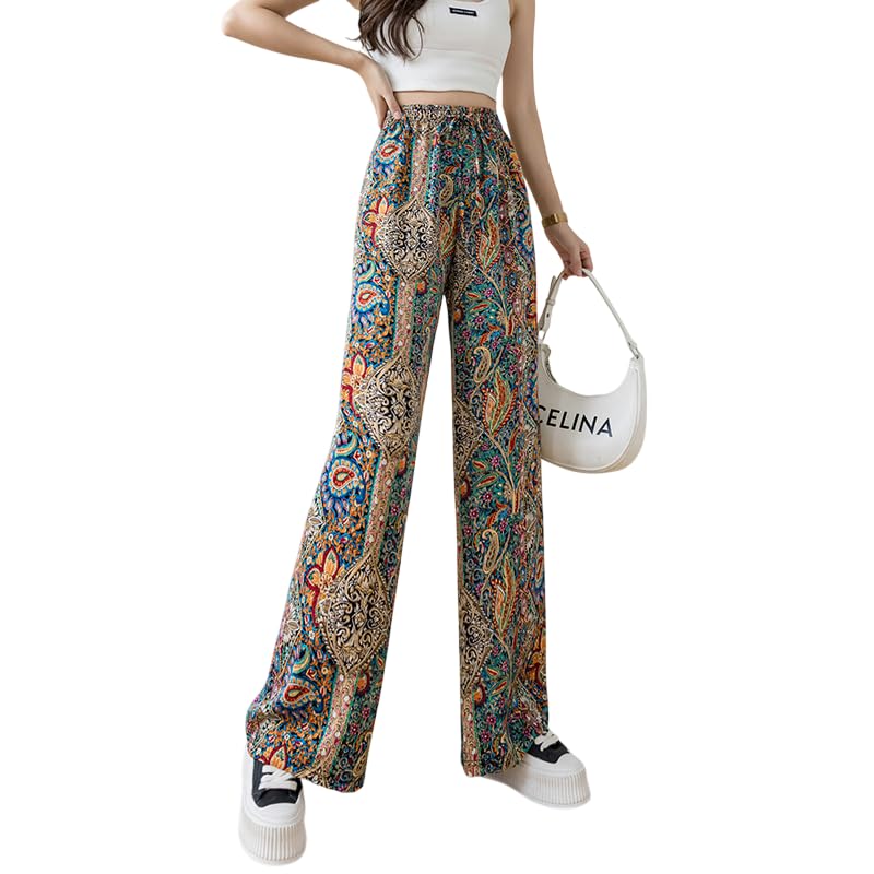 Image of Celary Women's Printed Palazzo Pants - Silk Blend High Waist Wide Leg Trousers | Elastic Waist Relaxed Fit Casual Flowy Pants for Travel, College, Office