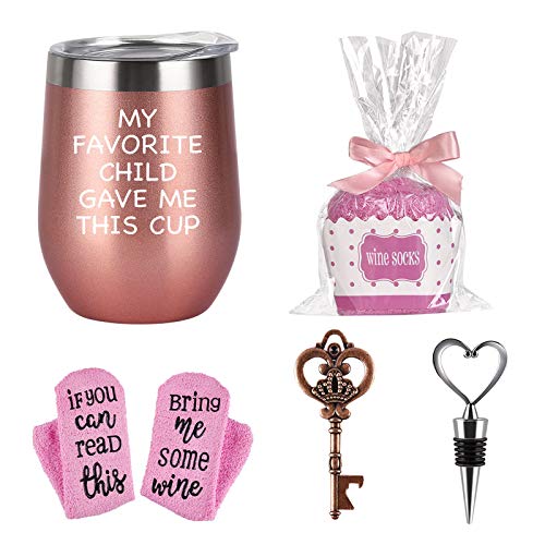 Flash Sale Wine Tumbler Cupcake Wine Socks Gift Set, Birthday Christmas Gifts for Mom Dad Women Parents Mothers Day, Insulated Stainless Steel Wine Tumbler with Lid, Socks, Opener, Stopper (12 oz, Rose Gold)