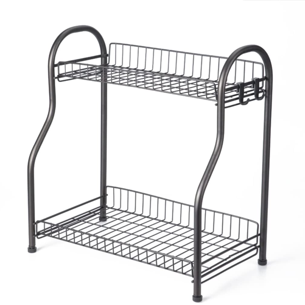 TOMVAES Spice Rack Organizer for Counter Top with Utensil Side Container Kitchen Rack Can 2-Tiers Standing Seasoning Racks and 2 Hooks Metal Step Shelf