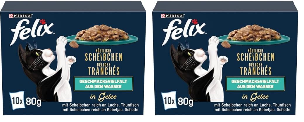 Felix Köstliche Scheibchen Katzenfutter nass in Gelee, Geschmacksvielfalt aus dem Wasser, 12er Pack (6 x 10 Beutel à 80g)