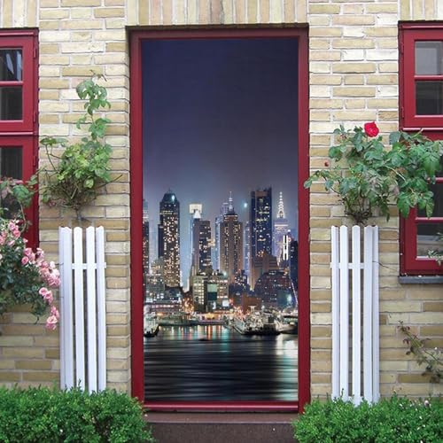Sticker Porte Autocollant New York 3D Papier Peint New York Poster Porte Auto-Adhésif Imperméable Décoration Mur Art Décor Mural Stickers Muraux 77x200 cm...