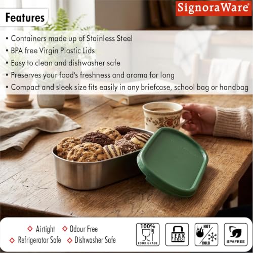 Image of Signoraware Flat Stainless Steel Oval Small Container,(450ml, EGreen), Airtight & Leakproof, Dishwasher safe, Best for School, Office, Picnics & Outdoor Activities, Great for Kids & Adults