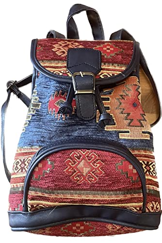 TranquilSun Rucksack aus echtem Leder, handgewebt, türkischer Kelim-Teppich, mit Magnetverschluss und Reißverschlusstasche, Marineblau und Kastanienbraun, M