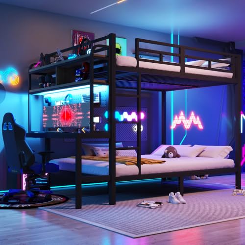Lit superposé Enfant 140 x 200 cm avec LED et Port USB,lit Mezzanine 2 Places,lit superposé 2 Places lit Double Enfant,lit Enfant avec Rangement,avec...