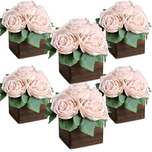 DIYDOFUN Dining Table Centerpiece Set of 6 - Pre-Made Aritifial Rose with Wooden Vase Fake Floral Arrangment Faux Flower for Wedding Bridal Tea Party Event Decorations - Boho