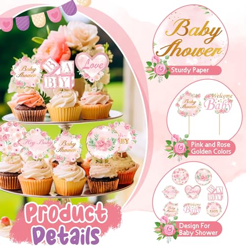 Weecent P049 48 Pcs Pink Floral Baby Shower Cupcake Toppers Oh Baby Party Decorations Rose Gold Party Cake Toppers Baby Girl Birthday Party Cake Decorations thumb #4