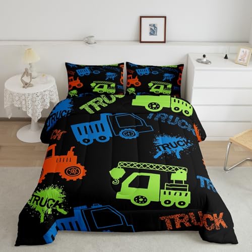 Feelyou Construction Bedding Set Equipment Trucks Comforter Set for Kids Boys Girls Teens Room Decor Excavator Tractor Comforter Full Size Cartoon Vehicles Purple Duvet Set 3Pcs