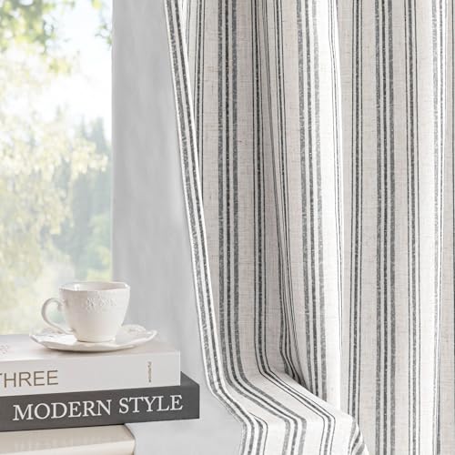 Image of MYSKY HOME Striped Curtains 100% Blackout 96 Inches Long Black Stripe Farmhouse Rustic Linen Blended Double Layer Curtains for Bedroom Living Room Patterned Drapes, Grommet, 2 Panels, 52 inch Wide