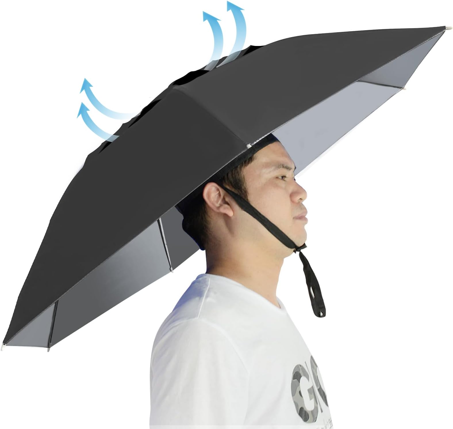 NEW-Vi Umbrella Hat Folding Adjustable Sun Rain Cap, 37.4” UPF 50+ UV Protection Large Hands Free Umbrellas, 7-Ribs Waterproof Headwear for Fishing Gardening Golf Sunshade Outdoor
