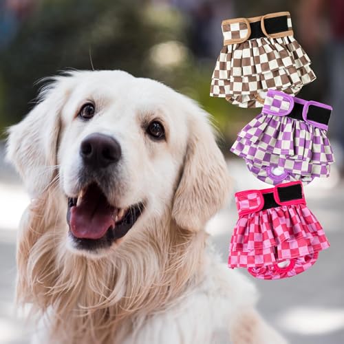 Image of wegreeco Dog Diapers Female (3 Pack), Highly Absorbent Puppy Doggie Dog Diapers for Female Dogs Period, Washable Doggy for in Heat, Small Medium Large Size (Checkerboard Red, Purple,Coffee, Large)