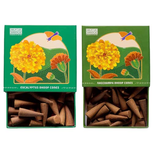 Image of HelpUsGreen Natural Dhoop Cones Eucalyptus and Nagchampa (80 Cones Pack of 2)|Charcoal Free Organic Incense Cones|Low Smoke Long Lasting Incense for Pooja Meditation Aromatheraphy|Free Ceramic Holder