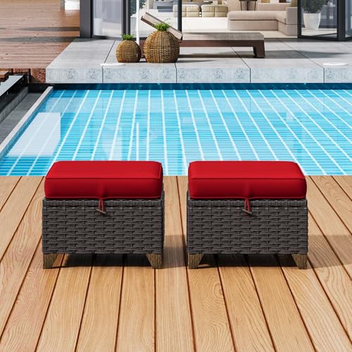 Image of 2 Pieces Patio Outdoor Ottomans with Removable and Washable Covers，PE Rattan Wicker Footstools for Porch, Garden, Sunroom (Red) | Patio Ottoman Set with Olefin Removable Cushion, All-Weather Ottoman with Deep Seat for Porch, Deck and Backyard, Red