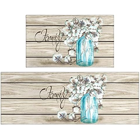 Xsinufn Fall Cotton Boll Kitchen Rugs Set 2 Piece Vintage Wood Grain Farmhouse Decorative Rug Runner for Kitchen Low-Profile Floor Mats Decorations for Home Kitchen(17"x48"+17"x24") Cover