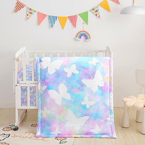 Image of 3-Piece Nursery Crib Bedding Set - White Butterfly Printed Comforter, Sheet & Skirt for Baby Boys and Girls