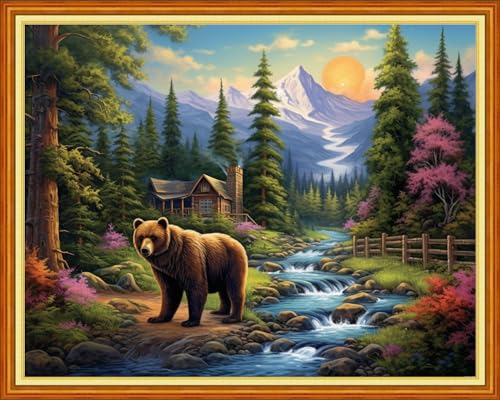 Image of Dooxvey Cross Stitch Kits for Adults Beginners,Full Range of Cross-Stitch Stamped Kits Needlepoint Kits for Beginners Embroidery Kits 11CT Cross Stitch Patterns-Forest Bear 16x20 inch, Manual Arts 10