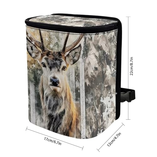 Image of Talayituse Hunting Camo Elk American Flag Print Car Trash Can with Lid, Leak Proof Auto Trash Bag Hanging Vehicle Garbage Can Multipurpose Storage Container for Back Seat Road Trip