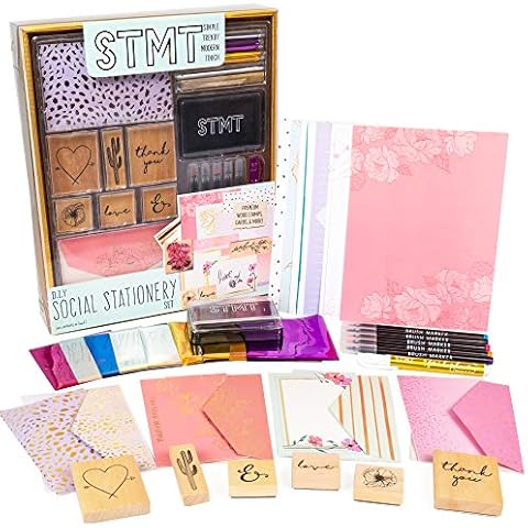 STMT Social Stationery Set - Kit Includes 6 Wooden Stamps, Stamp Pad, Cards, Envelopes, Brush Markers, Hand Lettering, Bullet Journaling, Scrapbooking - Best Journal Gift Box for Beginners Cover