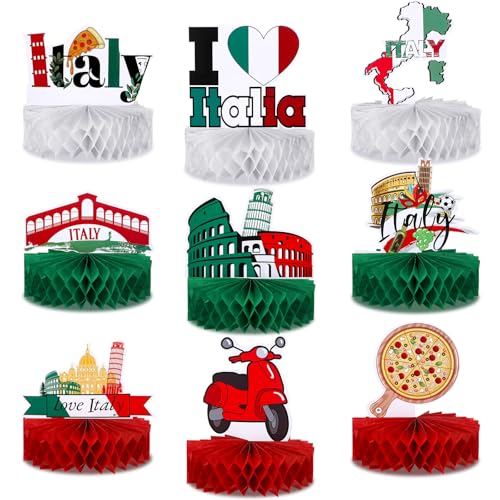 Spiareal 9 Pcs Italy Party Decorations Theme Honeycomb Centerpieces for Table I Love Italy Birthday Party Decorations Photo Booth Props for Republic Day Supplies Italian Home