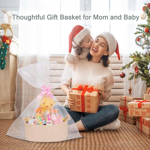 Image of COMSE Small Gift Basket Empty with Bag & Ribbons, Solid Beige