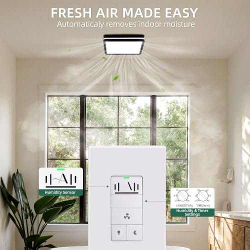 Image of Akicon Humidity Sensor and Light Switch for Bathroom Exhaust Fan, Ventilation Fan, LED Light, Night Light, Air Moisture Control,Timer Switch for Bathroom Fan, 3A, UL Listed, White