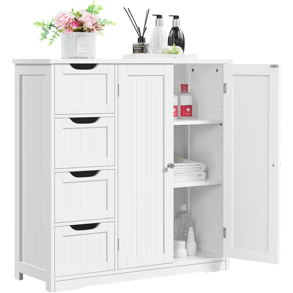 Yaheetech Armario Baño de Suelo Mueble Baño con 4 Cajones Mueble Auxiliar Cómoda de Baño Armario con 2 Puertas, Estante Ajustable 81x30x83 cm Blanco