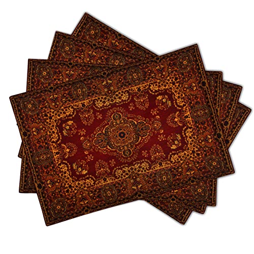 Image of Red Gold Boho Placemats Set of 4 Bohemian Vintage Retro Rug Carpet Linen Washable Kitchen Dining Table Mats Stain Heat-Resistant Desktop Decor Place Mats for Home Party Indoor 12x18 in