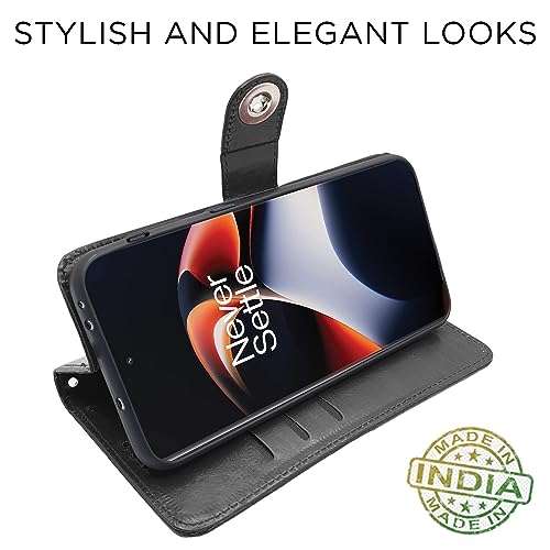 Image of Pikkme OnePlus 11R 5G Flip Cover Leather Finish | Inside TPU with Card Pockets | Wallet Stand and Shock Proof | Complete Protection Button Flip Case (Black)