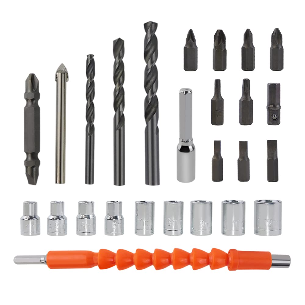 Cordless Drill Bits 26pcs - 10x Screwdrivers, 10x Sockets, 5x Drills, 1x Flexible Shaft(Only the Drill Accessories, without Drill Body)