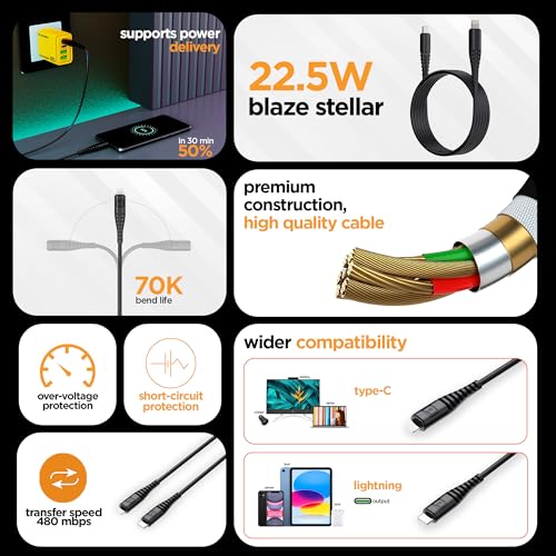 Image of Dubstep Blaze Stellar 22.5W Type C to Lightning Fast Data Charging Cable with Over 60K bend life, 70K insertion tested, Powerblitz technology, Overheat Protection (Black)