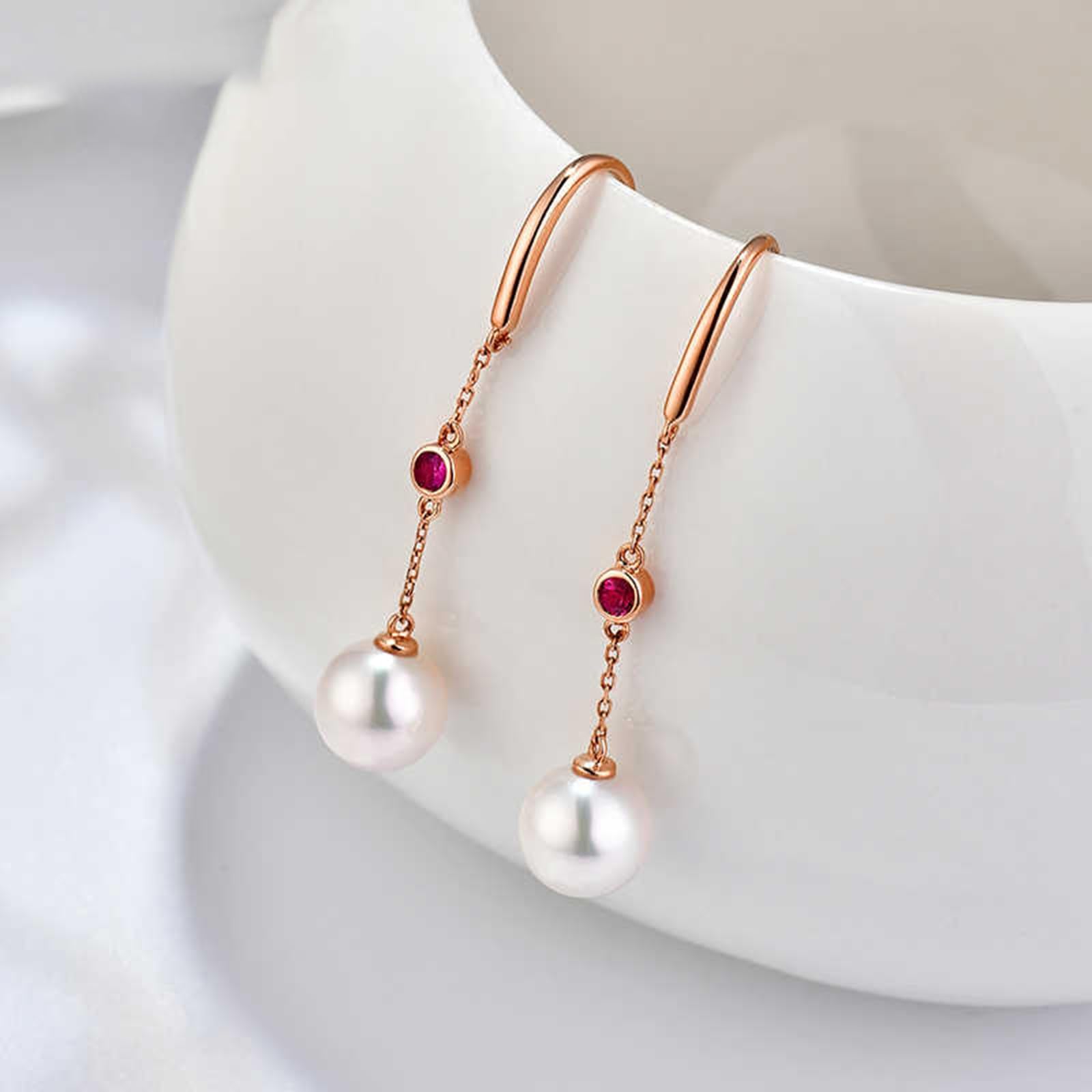 Ohrhänger Rosegold, Damenohrringe mit Anhänger aus Rubin und Perle, 7,5–8 mm