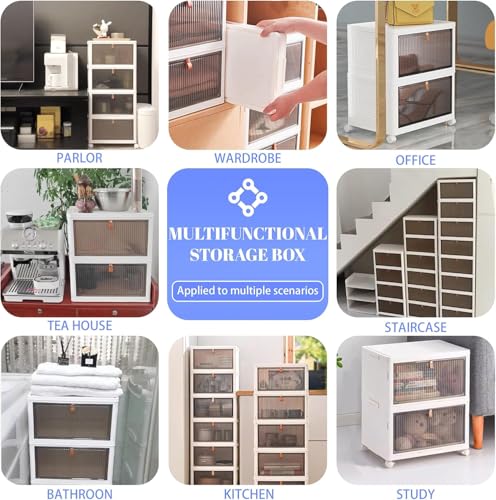 Image of 5 Pack Plastic Cupboard for Storage Multipurpose Stackable Cabinet Drawer, Foldable Wardrobe Organizer for Clothes, Kitchen Storage Cabinet, Modular Almirah with Magnetic Doors, Wheels (White)